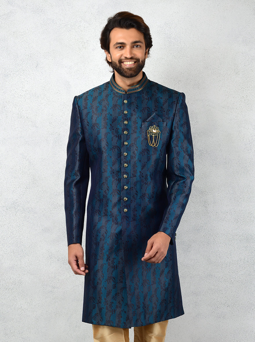 Step out in elegance with this Blue Indo Western suit, designed for weddings and celebrations in the USA.