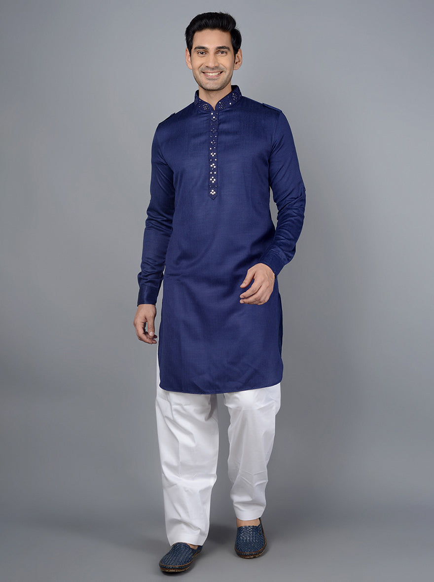 Elegant navy blue embroidered kurta set, designed for festive events and special occasions in the USA.