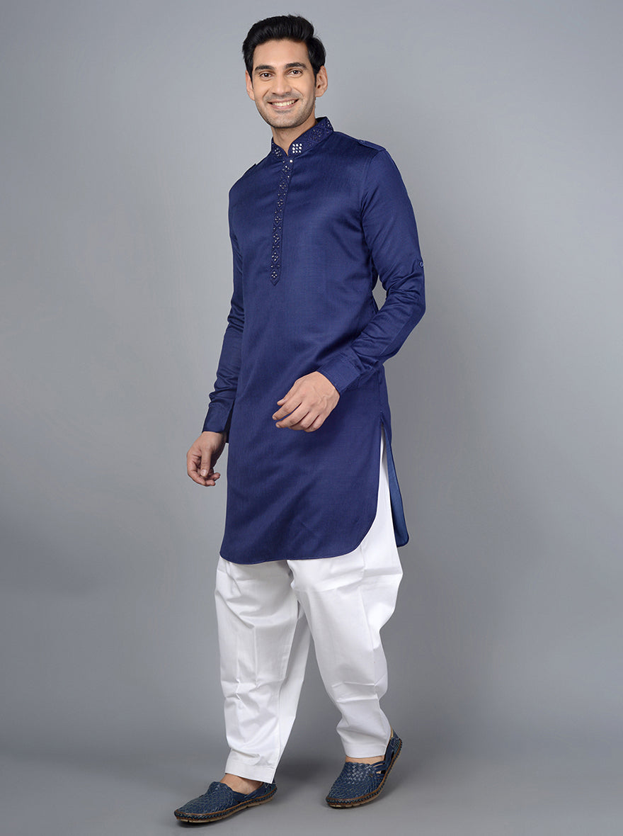 Traditional navy blue kurta pajama for men, perfect for weddings and celebrations in the USA.