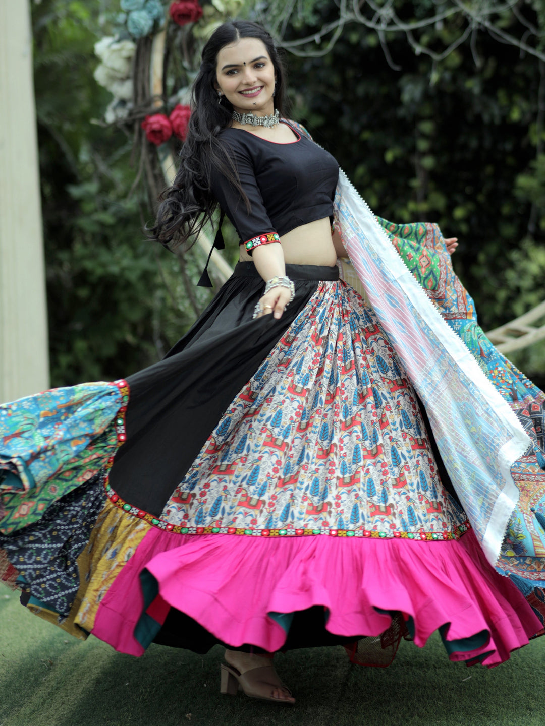 CharmingÃ‚Â Black Printed Rayon Navratri Lehenga Choli With Dupatta