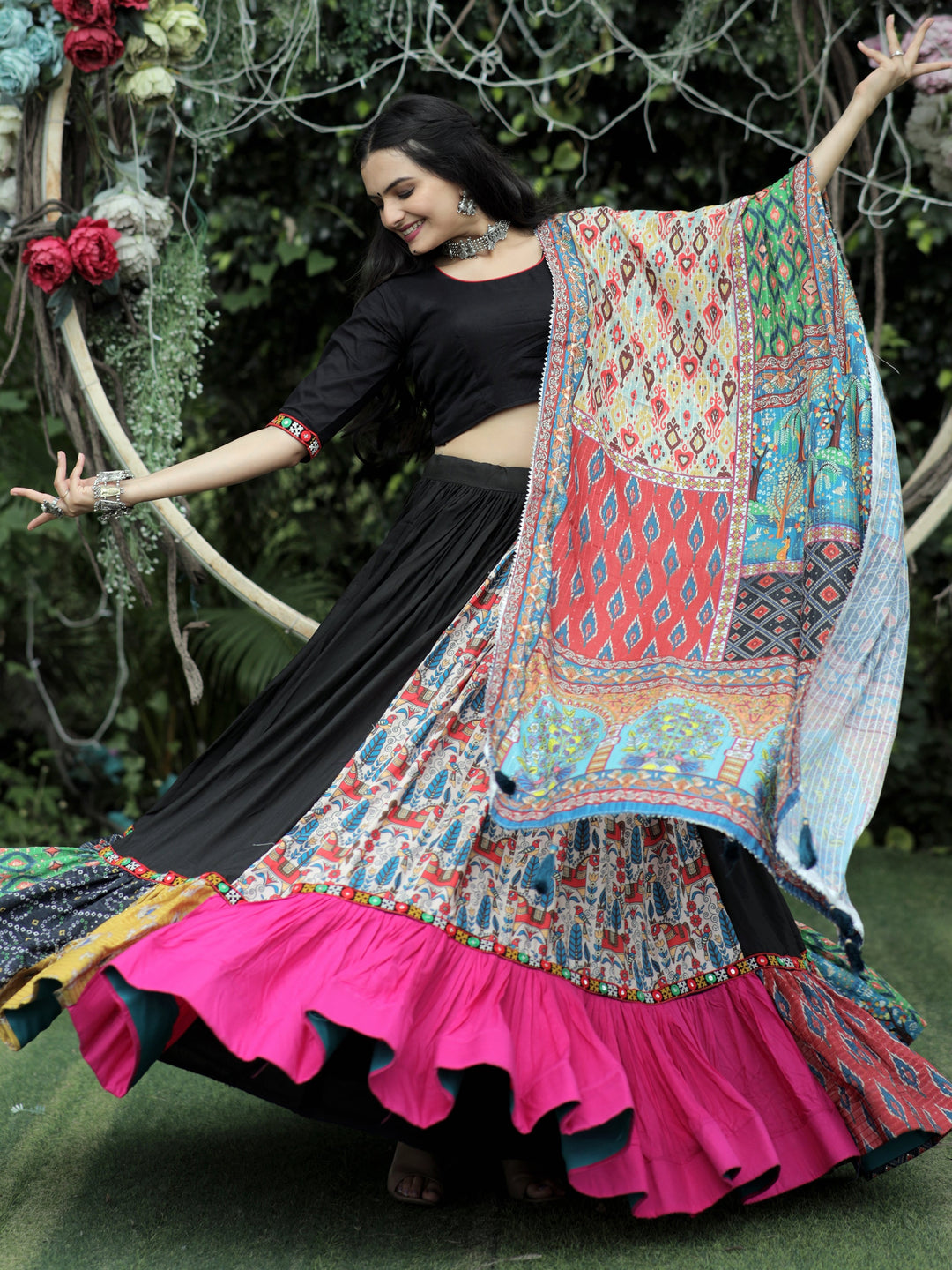 CharmingÃ‚Â Black Printed Rayon Navratri Lehenga Choli With Dupatta