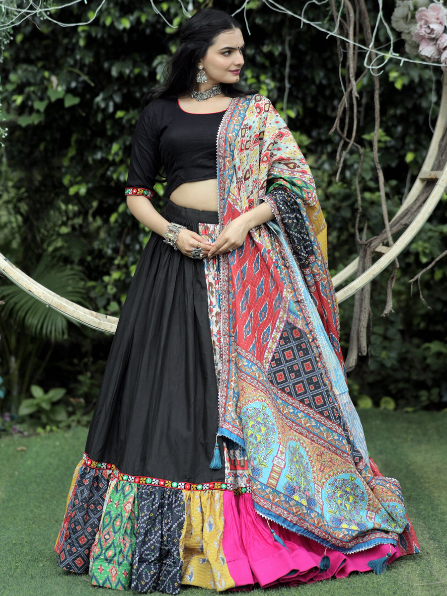 CharmingÃ‚Â Black Printed Rayon Navratri Lehenga Choli With Dupatta