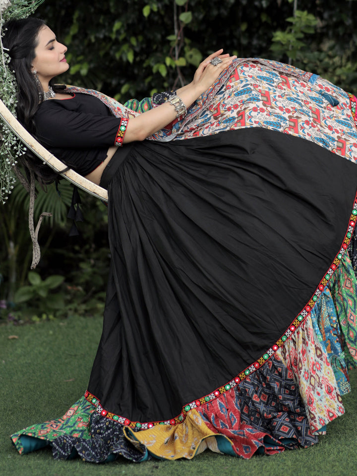 CharmingÃ‚Â Black Printed Rayon Navratri Lehenga Choli With Dupatta