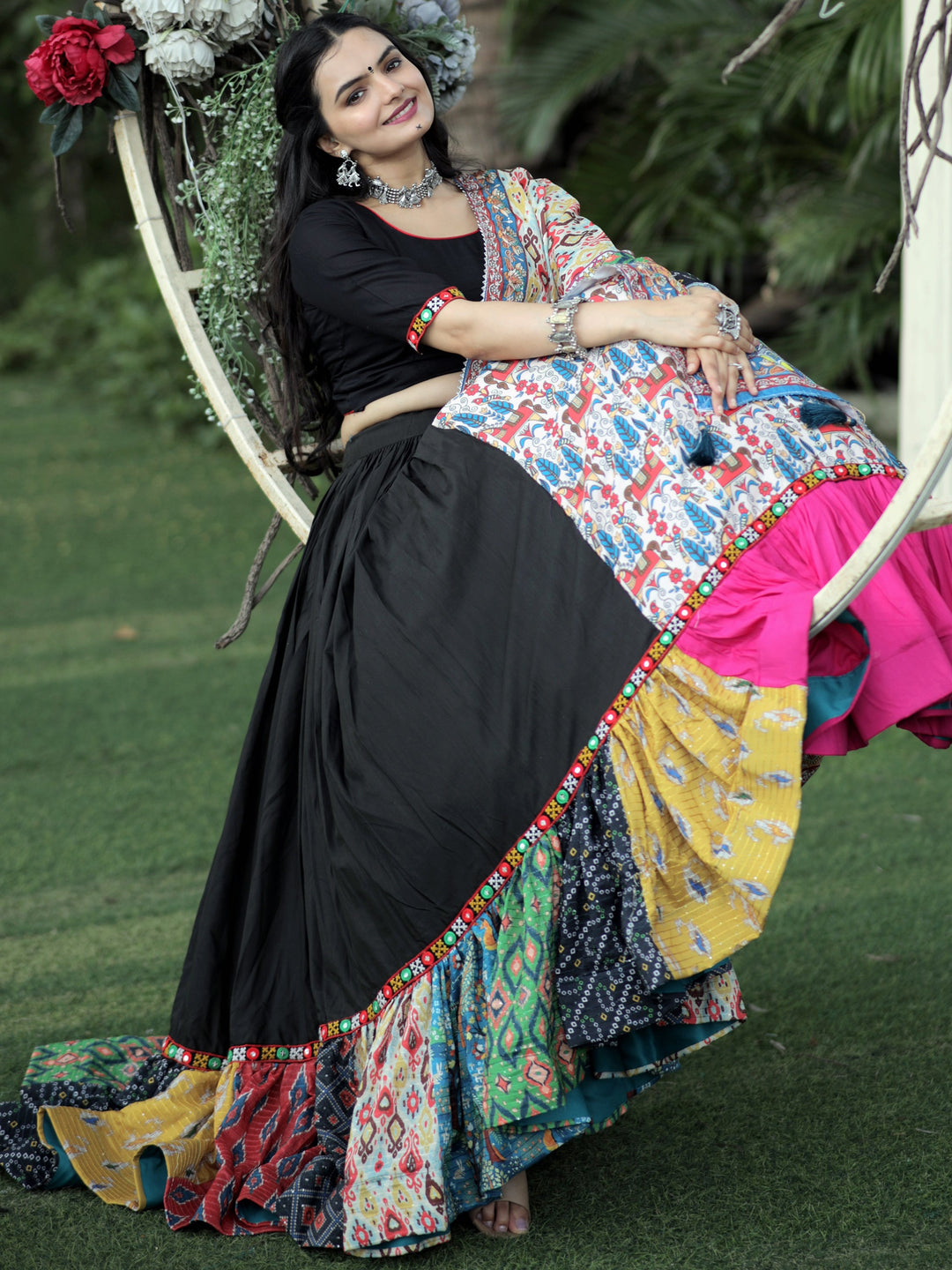 CharmingÃ‚Â Black Printed Rayon Navratri Lehenga Choli With Dupatta