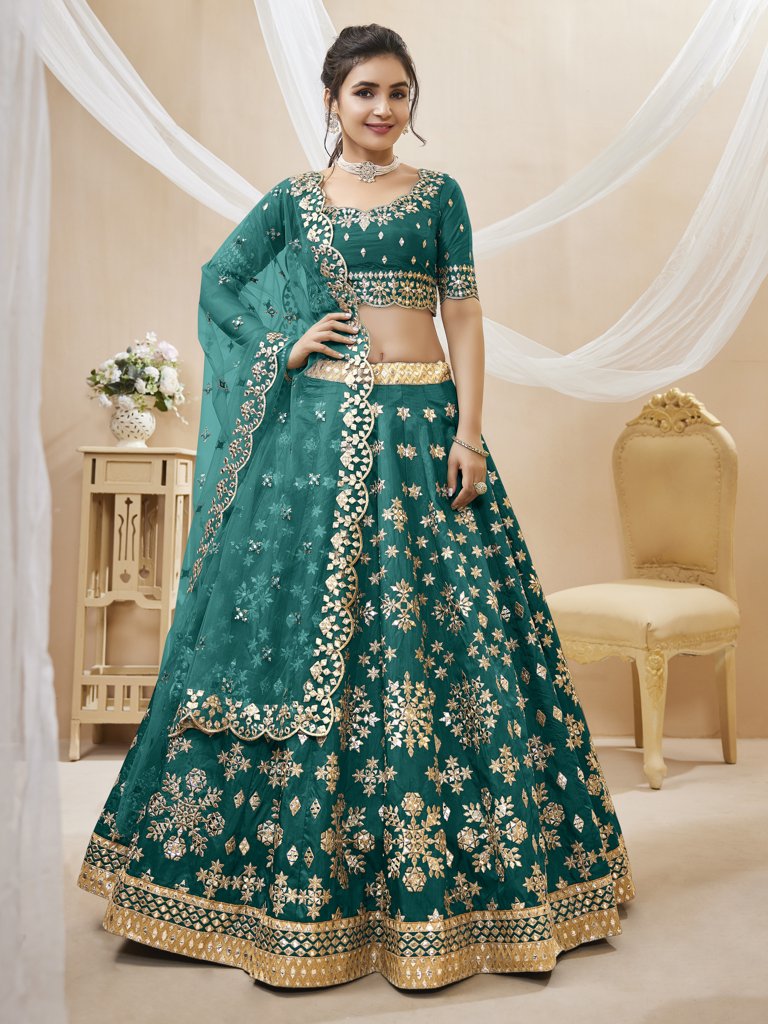 Stunning green Art Silk Lehenga Choli set with intricate embroidery and matching dupatta, perfect for festive celebrations.