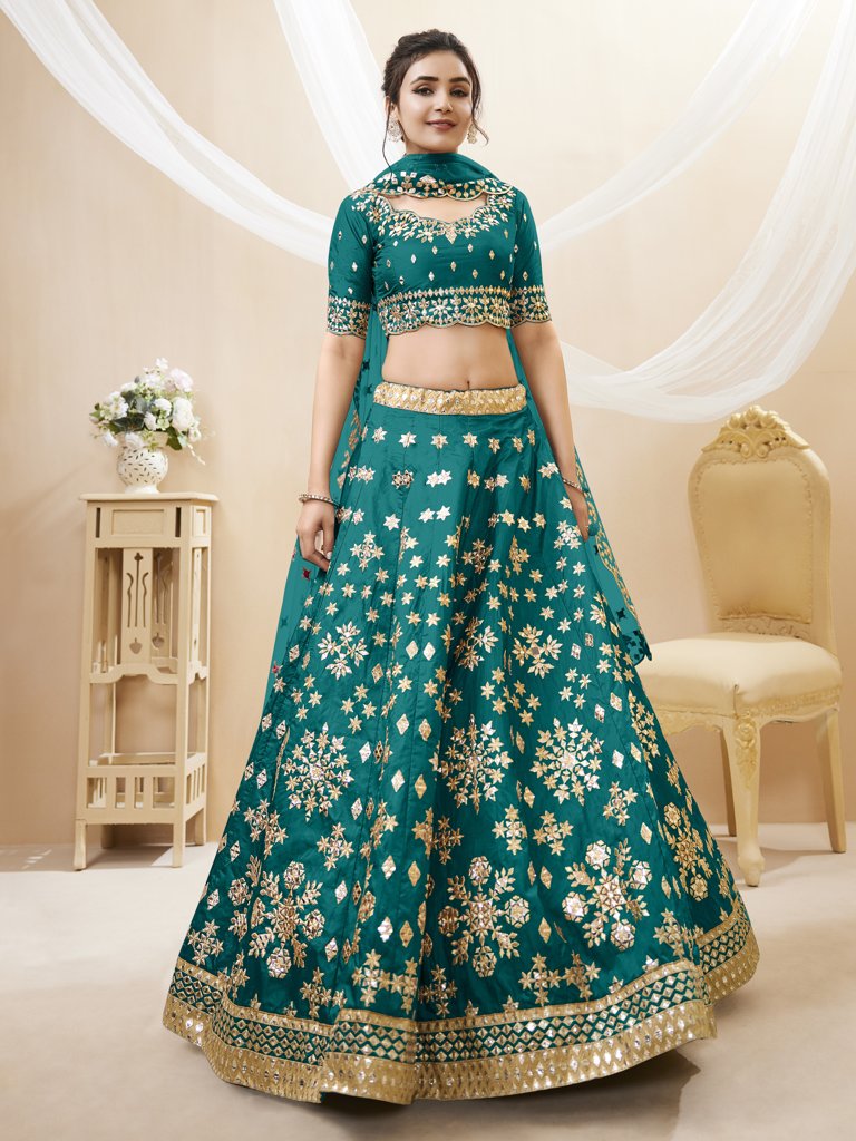 Gorgeous green Art Silk Lehenga Choli set featuring beautiful embroidery and a matching dupatta for USA brides and festive occasions.