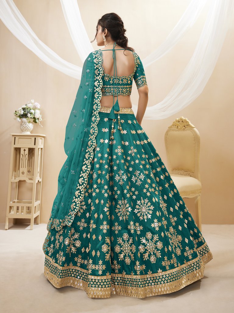 Traditional green Art Silk Lehenga with intricate embroidery and dupatta, ideal for special events and weddings in the USA.