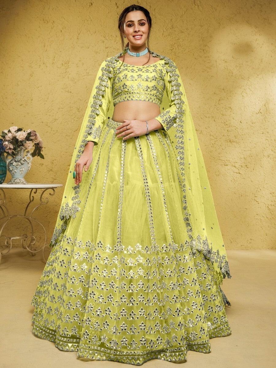 Lime Green Foil Work Lehenga Choli | Net Mehendi Wear for Women