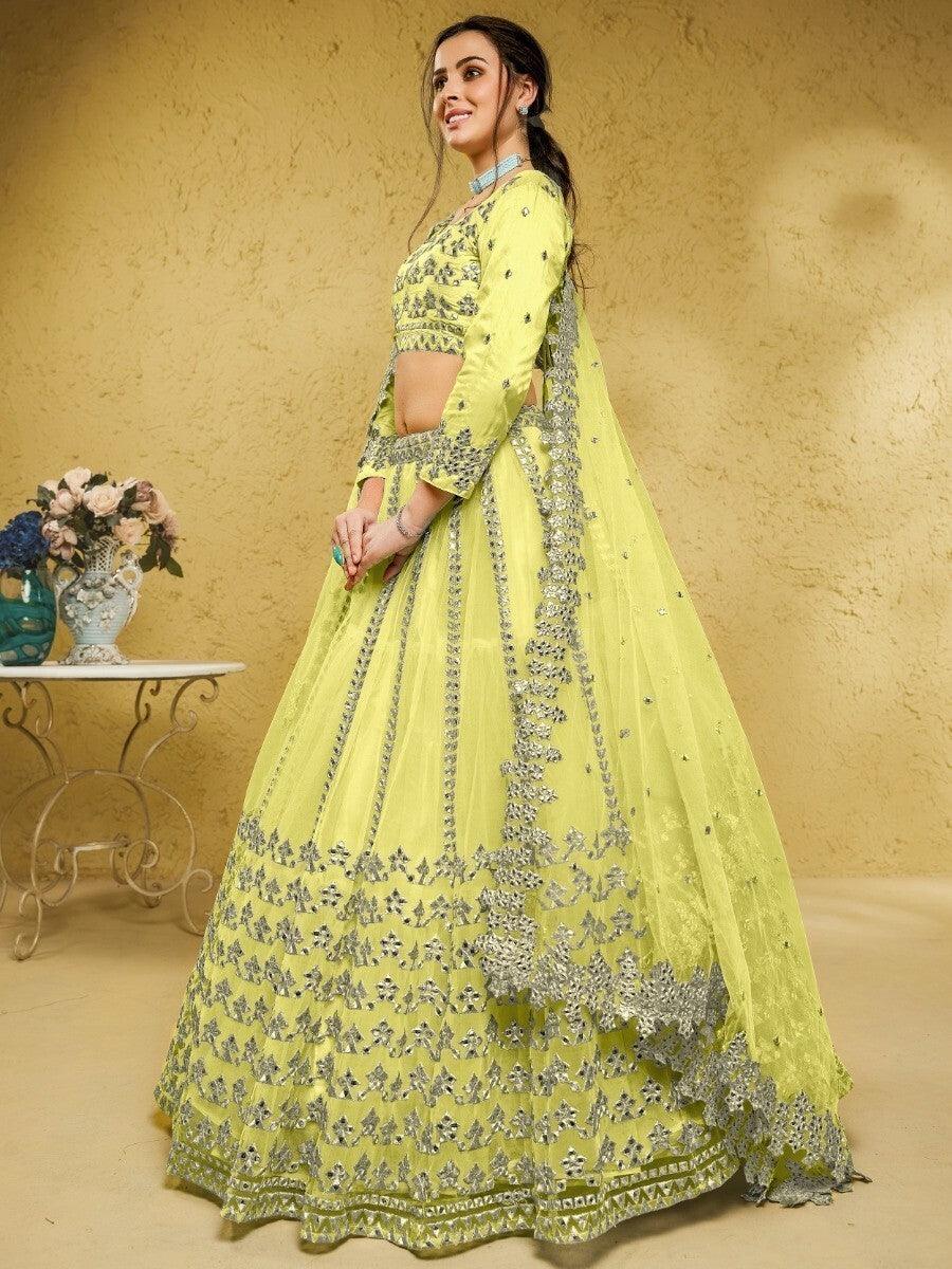 Lime Green Foil Work Lehenga Choli | Net Mehendi Wear for Women