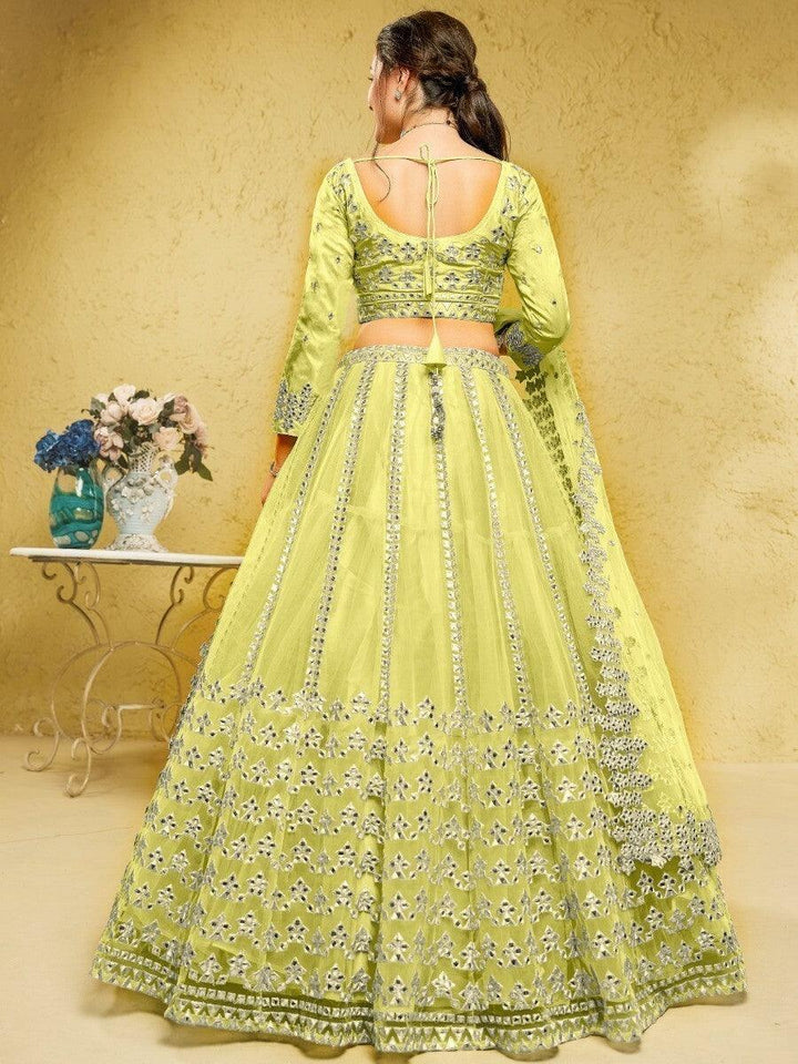 Lime Green Foil Work Lehenga Choli | Net Mehendi Wear for Women