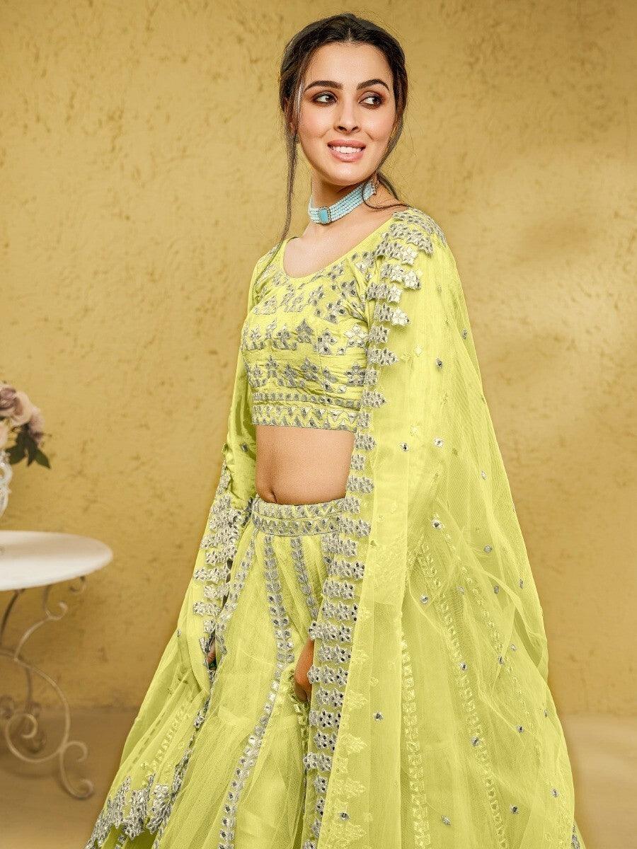 Lime Green Foil Work Lehenga Choli | Net Mehendi Wear for Women