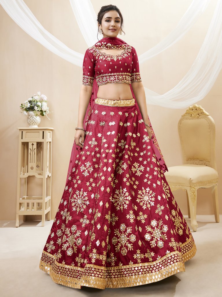 Bold red Art Silk Lehenga with detailed embroidery and a beautiful dupatta, perfect for festive events and bridal wear in the USA.