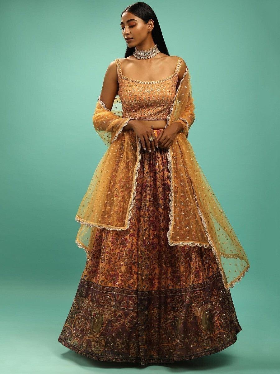 Yellow Chinon Lehenga Choli | Mirror Work & Sequin Details for Special Occasions