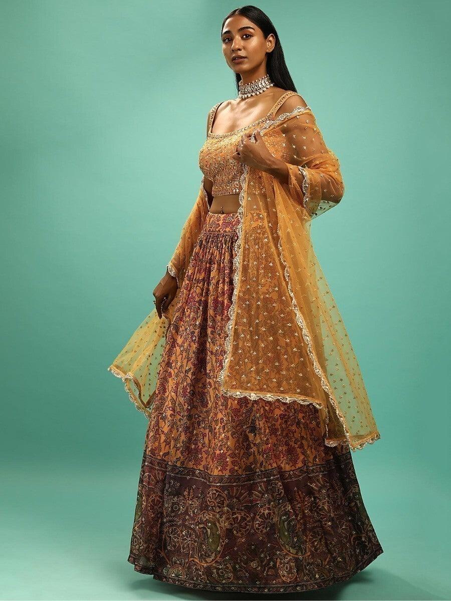 Yellow Chinon Lehenga Choli | Mirror Work & Sequin Details for Special Occasions