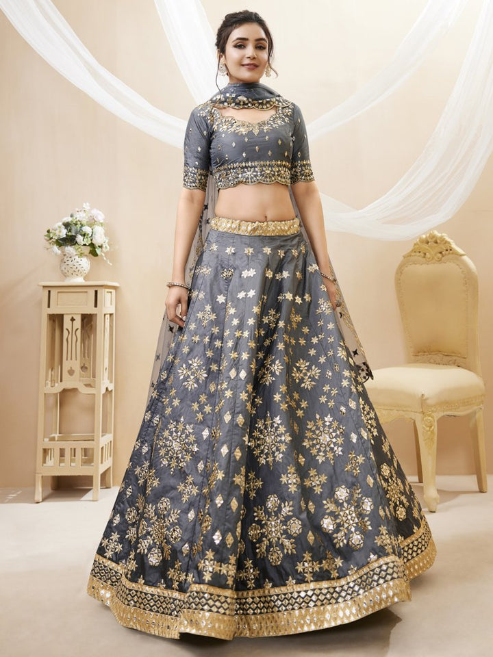 Elegant grey Art Silk Lehenga Choli set with intricate embroidery and a matching dupatta, perfect for upscale events in the USA.