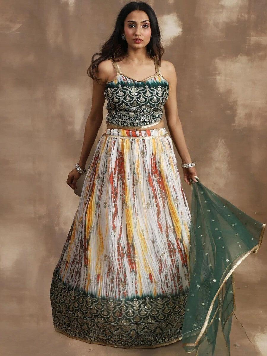 Fashion-Forward White & Green Sequins Chinon Lehenga | Event & Wedding Wear