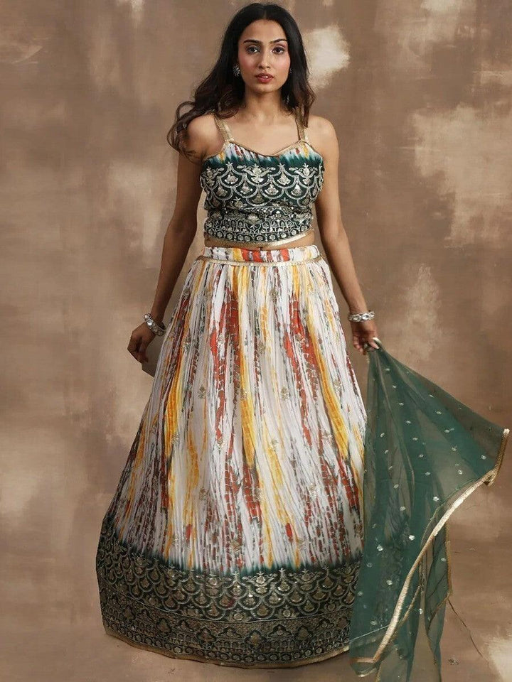 Fashion-Forward White & Green Sequins Chinon Lehenga | Event & Wedding Wear