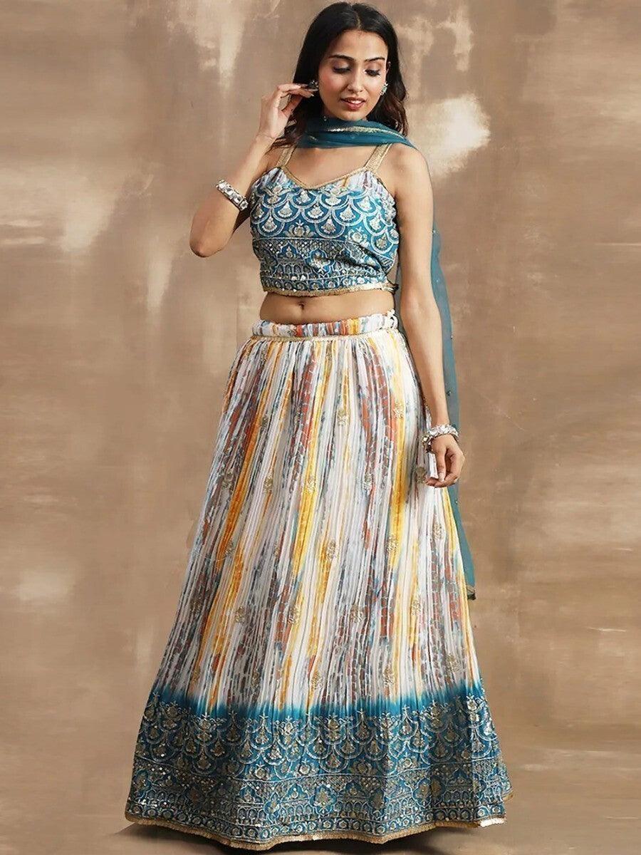 Elegant White & Blue Sequin Lehenga Choli | Ideal for Weddings and Celebrations