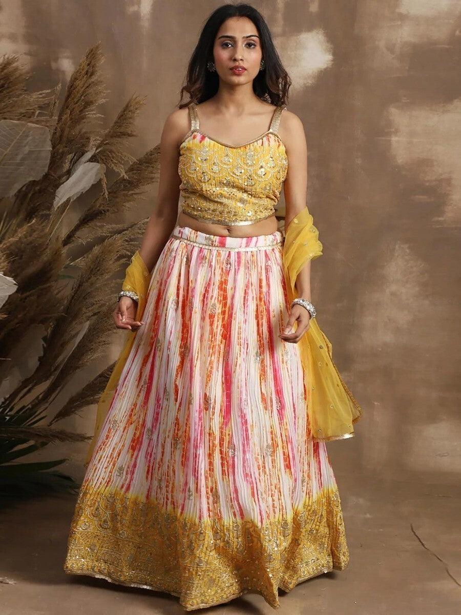 Chic White & Yellow Chinon Lehenga | Ideal for Wedding & Festival Celebrations