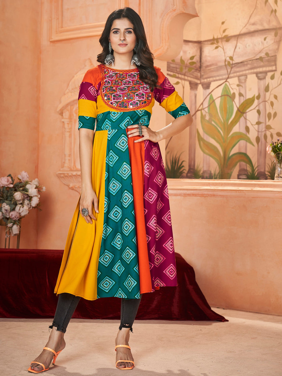 Beautiful Multi-Color Embroidered Rayon Navratri Wear Kurti