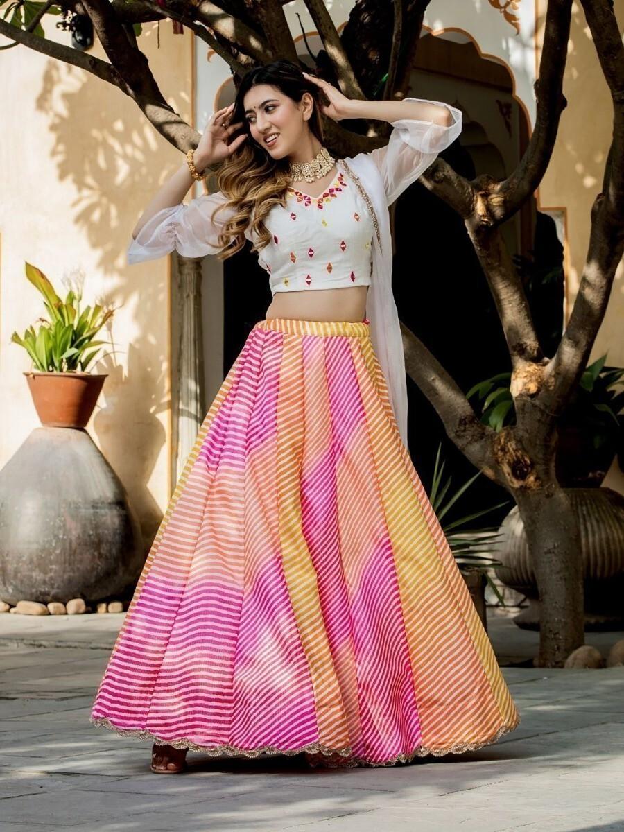 Exquisite Multi-Color Lehenga Choli | White Organza Choli & Zari Dupatta