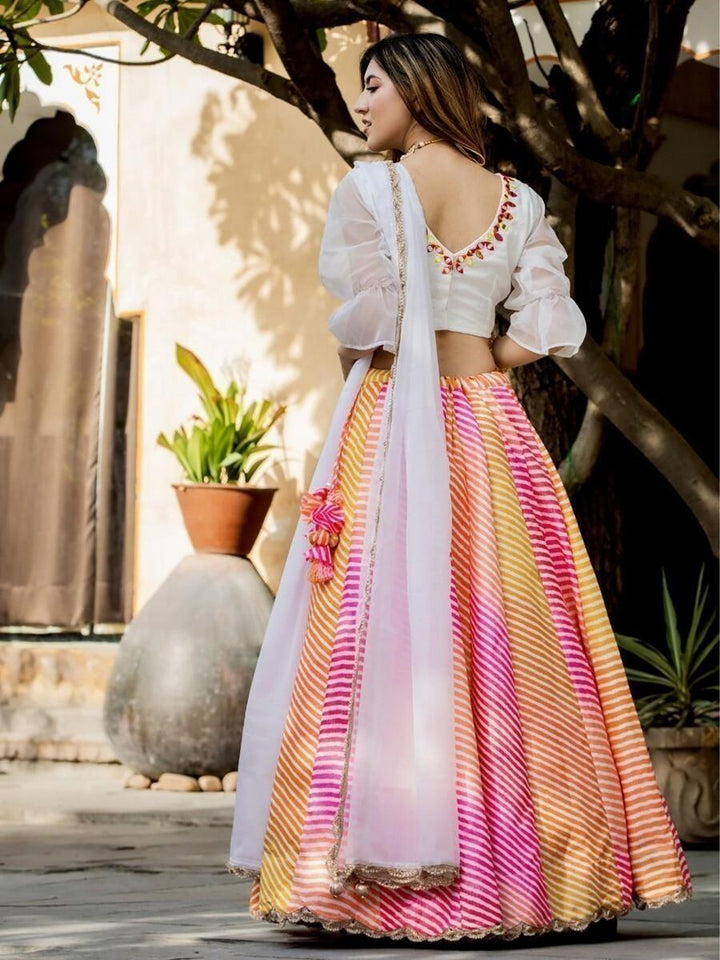 Exquisite Multi-Color Lehenga Choli | White Organza Choli & Zari Dupatta