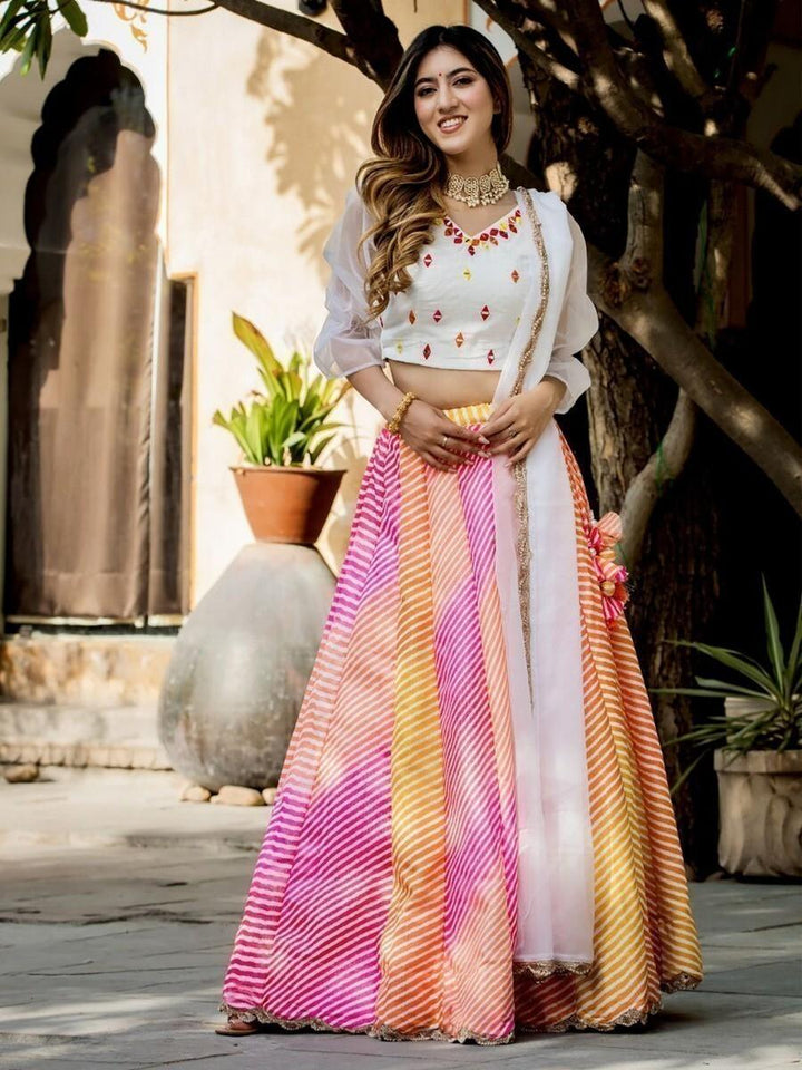 Exquisite Multi-Color Lehenga Choli | White Organza Choli & Zari Dupatta