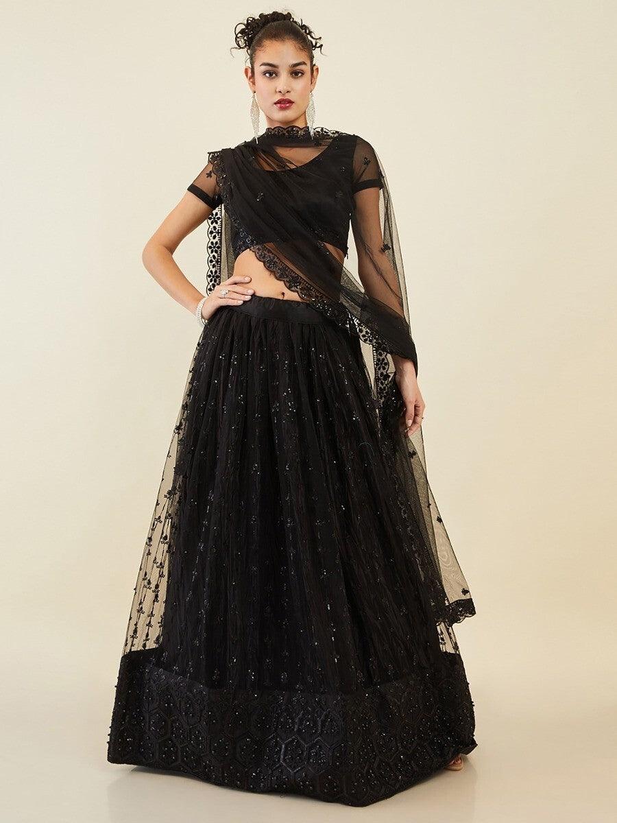 Stylish Black Lehenga Choli | Sequins & Pearl Work Net Dupatta