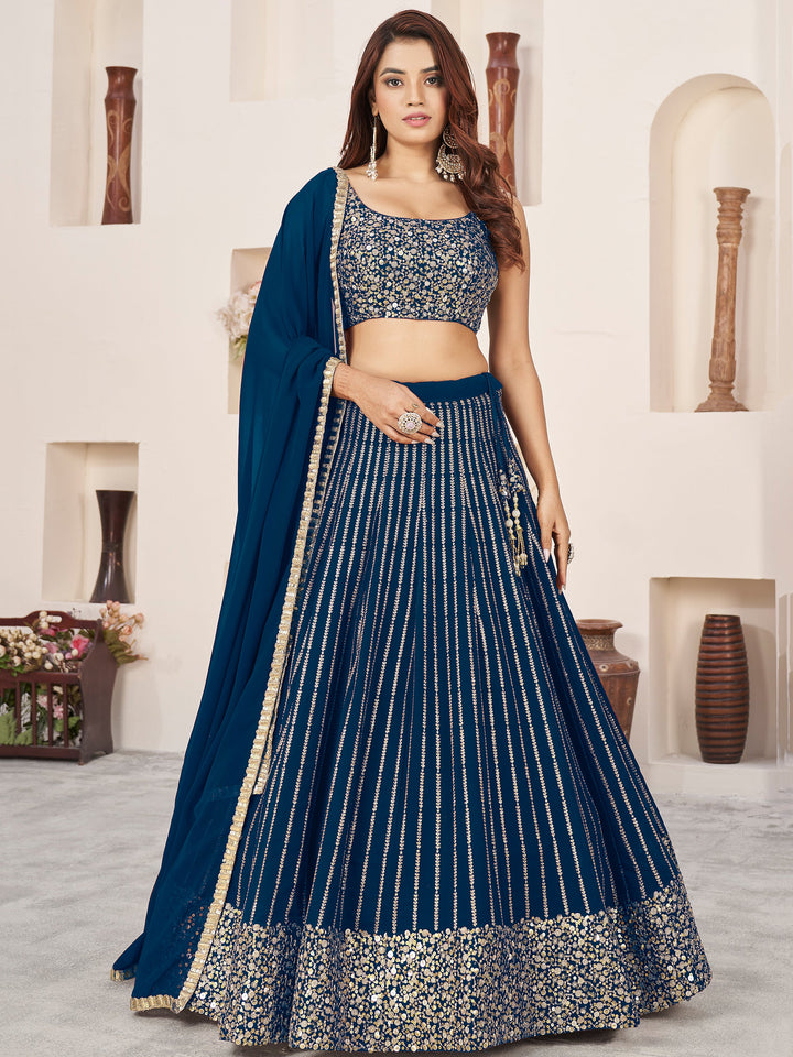 AwesomeÃ‚Â Blue Sequins Georgette Reception Wear Lehenga Choli