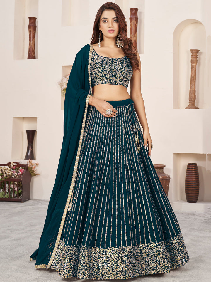 AmazingÃ‚Â Teal Green Sequins Georgette Engagement Wear Lehenga Choli