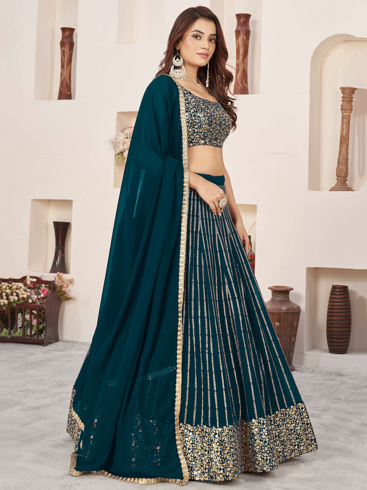 AmazingÃ‚Â Teal Green Sequins Georgette Engagement Wear Lehenga Choli