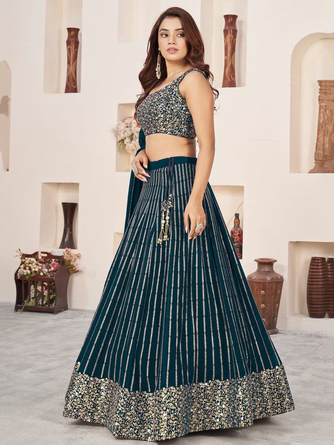 AmazingÃ‚Â Teal Green Sequins Georgette Engagement Wear Lehenga Choli