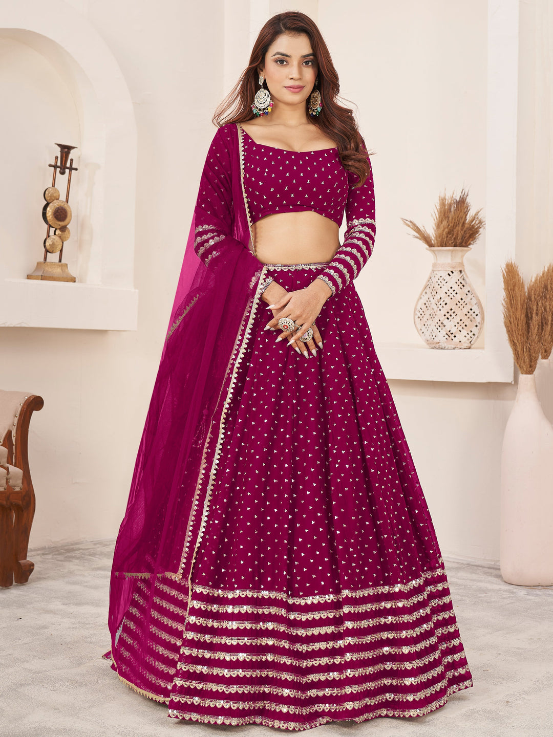 LovableÃ‚Â Rani Pink Sequins Georgette Wedding Wear Lehenga Choli