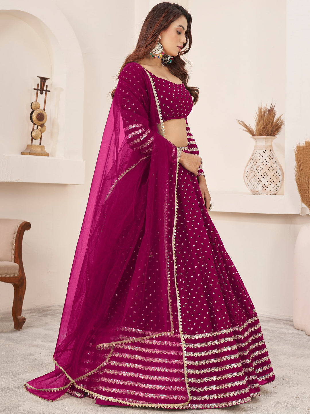 LovableÃ‚Â Rani Pink Sequins Georgette Wedding Wear Lehenga Choli