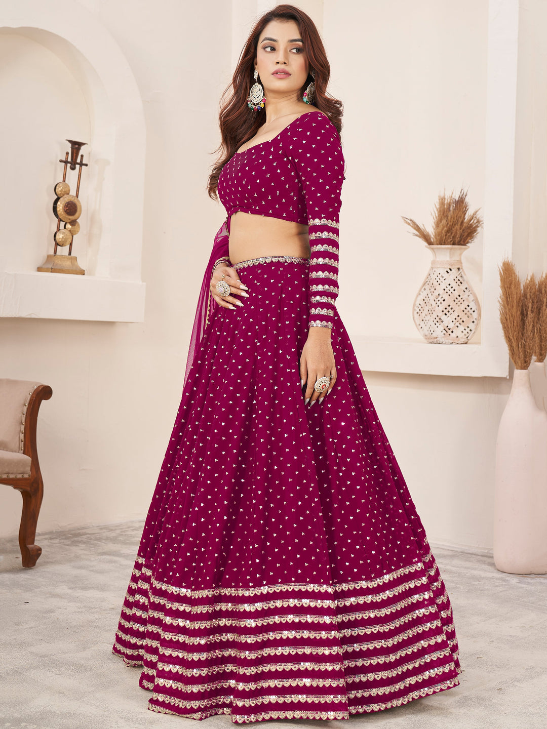 LovableÃ‚Â Rani Pink Sequins Georgette Wedding Wear Lehenga Choli