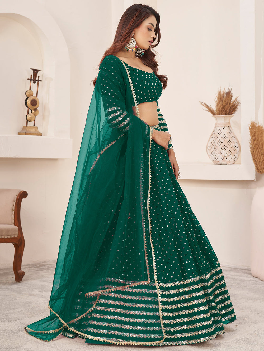 CharmingÃ‚Â Green Sequins Georgette Lehenga Choli With Dupatta