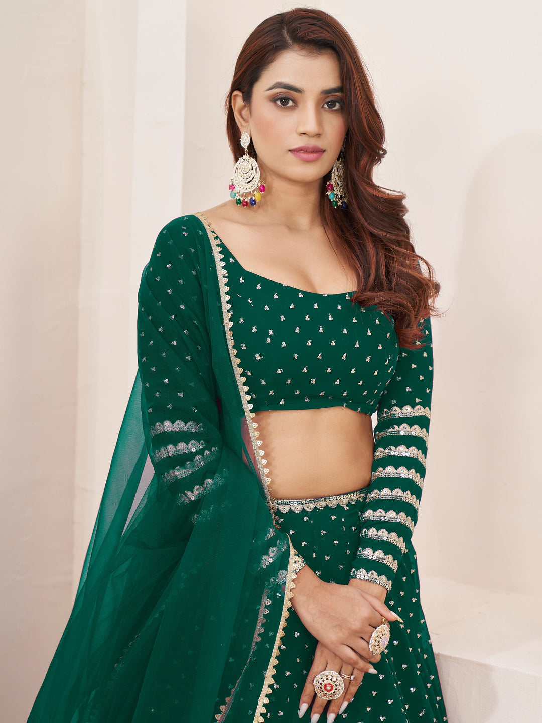 CharmingÃ‚Â Green Sequins Georgette Lehenga Choli With Dupatta