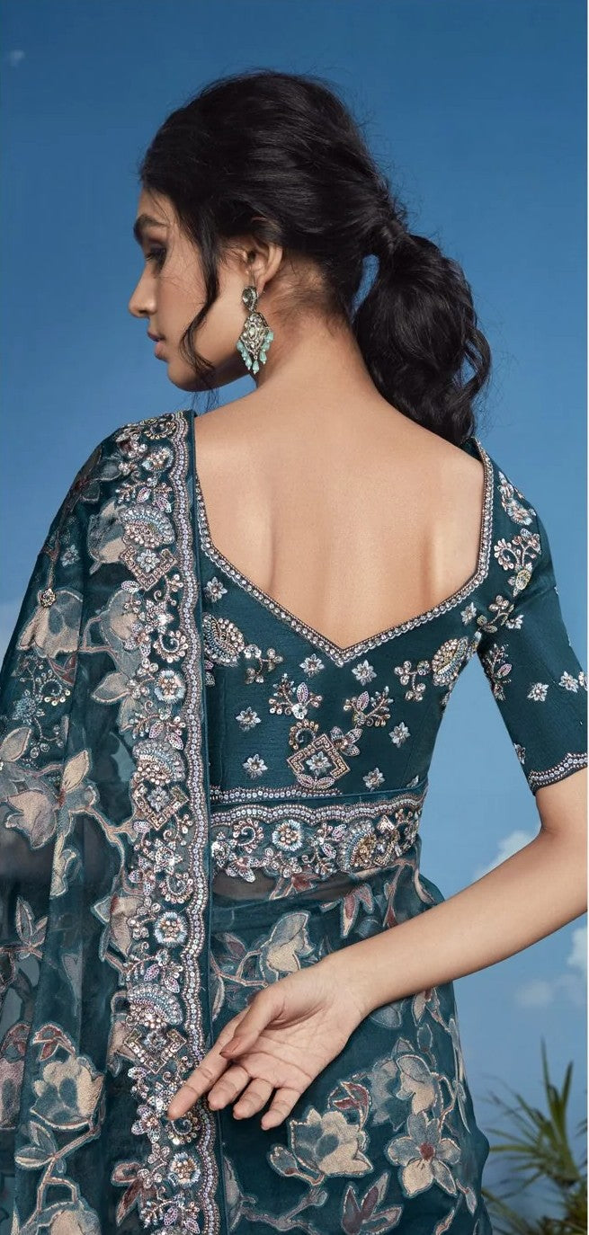 Luxurious Dark-Teal Saree | Intricate Embroidery for Receptions & Events