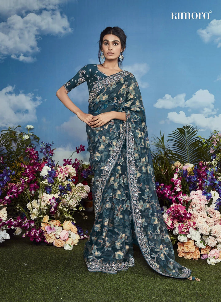 Luxurious Dark-Teal Saree | Intricate Embroidery for Receptions & Events