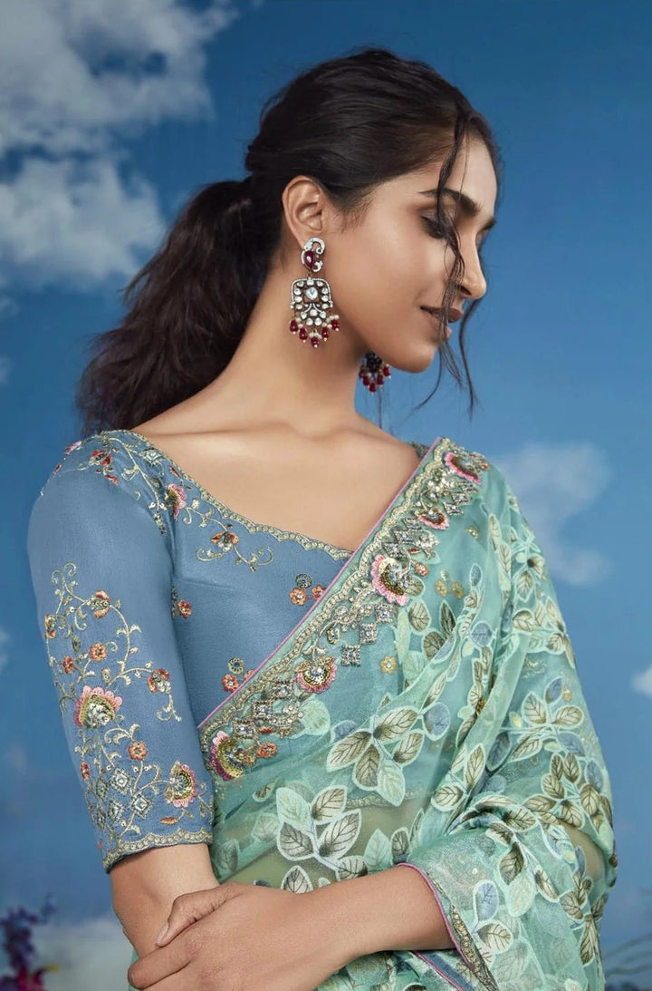 Stunningt Sea-Green Saree | Sophisticated Embroidery for Cultural Celebrations