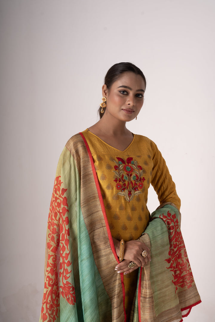 Stunning Tusser Silk Salwar Kameez with Floral Embroidery | Ideal for Festive Occasions