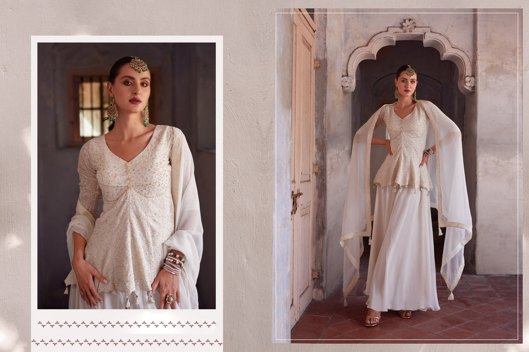 Elegant Off-White Georgette Indowestern Kurta with Intricate Embellishments | Perfect Party Wear