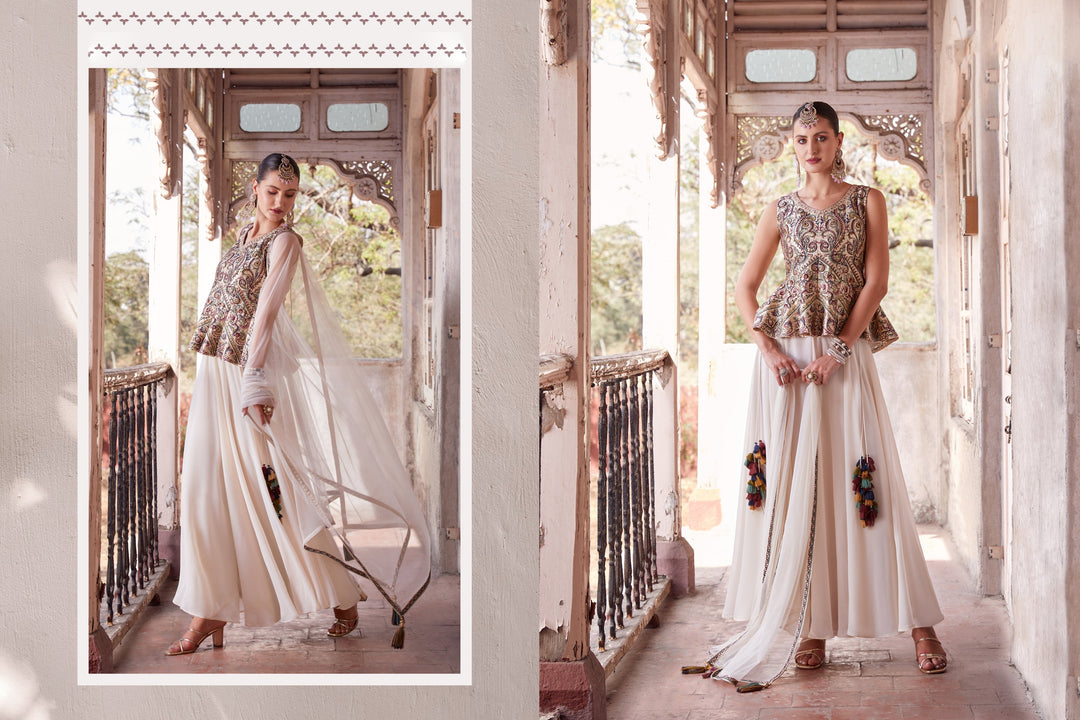 Elegant Off-White Satin Indowestern Kurta with Intricate Embellishments | Perfect Party Wear