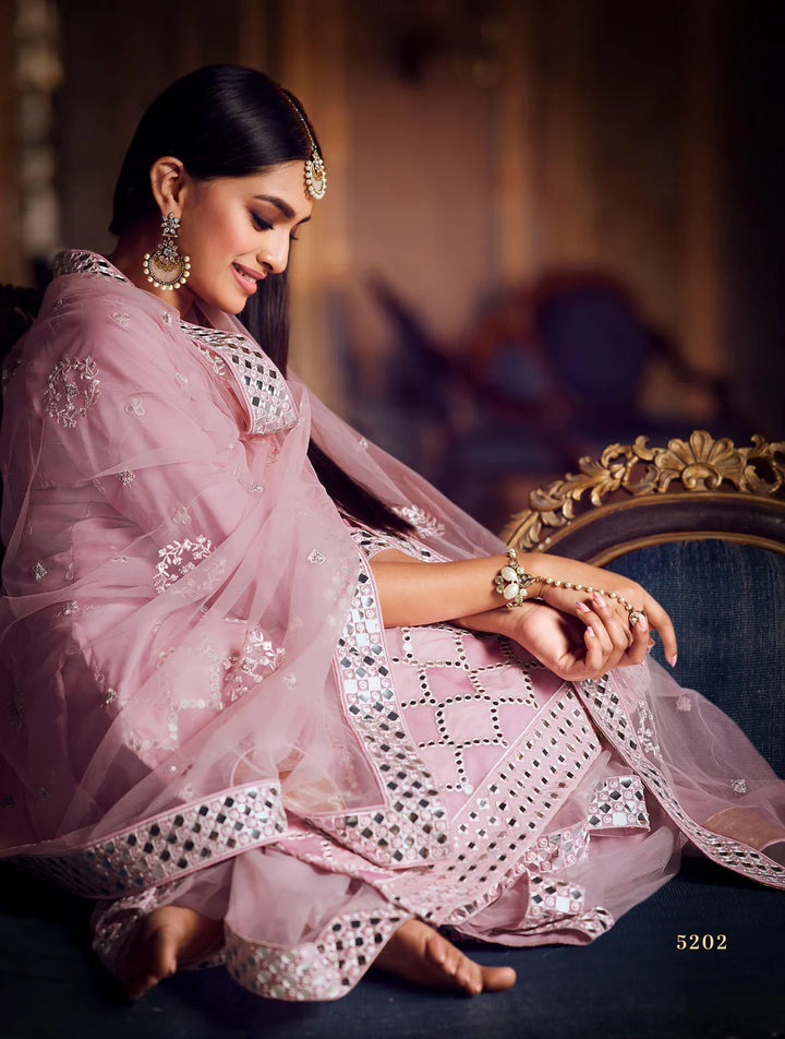 Mirror work baby pink sharara suit with resham and zarkan embroidery