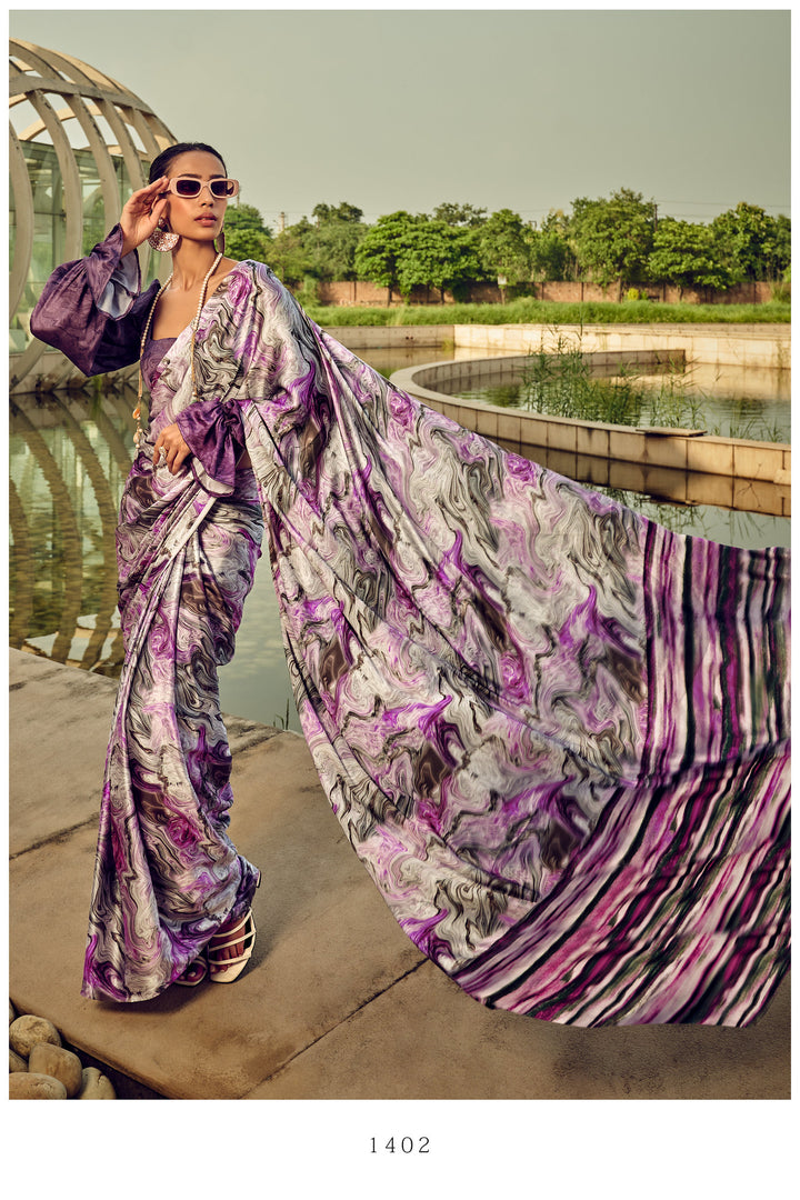 Soft Lavender Satin Crepe Silk Saree | Stylish Indian Saree for Special Events