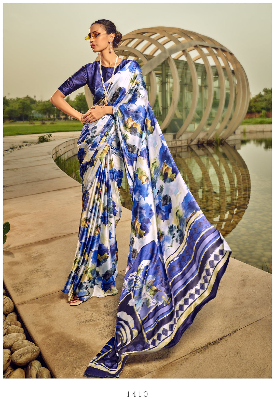 Graceful Blue Satin Crepe Silk Saree | Stunning Indian Sari for Occasions