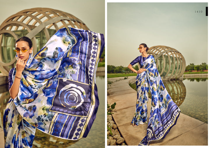 Graceful Blue Satin Crepe Silk Saree | Stunning Indian Sari for Occasions