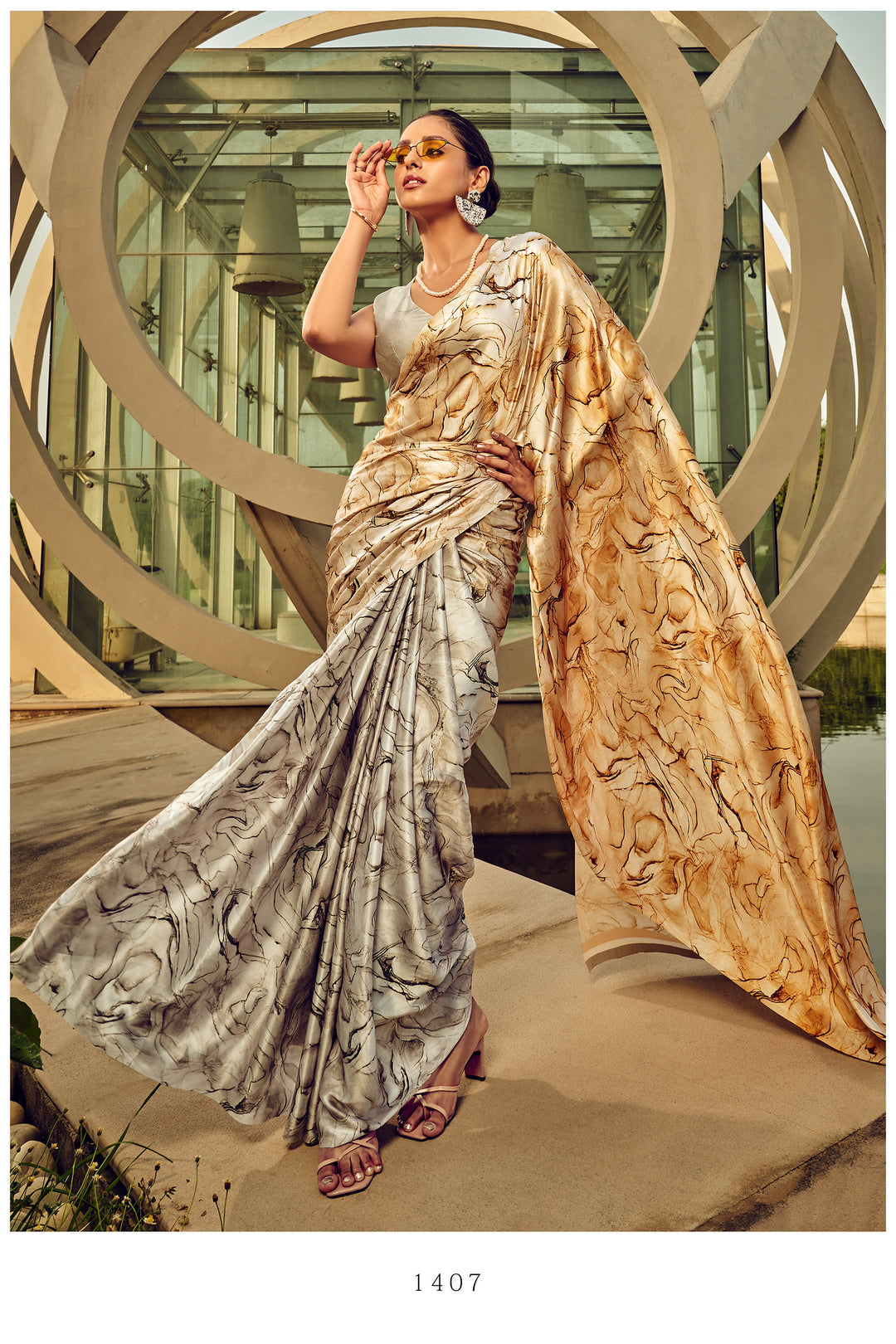 Silver Satin Crepe Silk Saree | Metallic Indian Sadi with Digital Prints