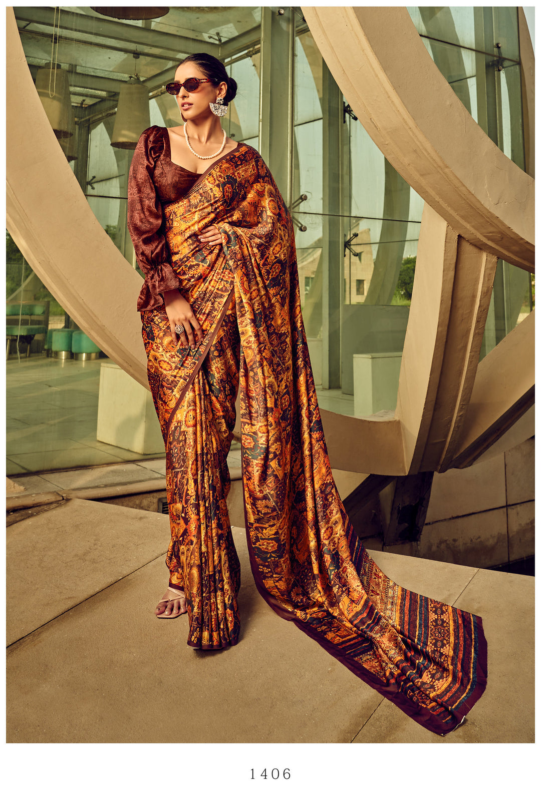 Elegant Brown Satin Crepe Silk Saree | Contemporary Indian Sadi for Events