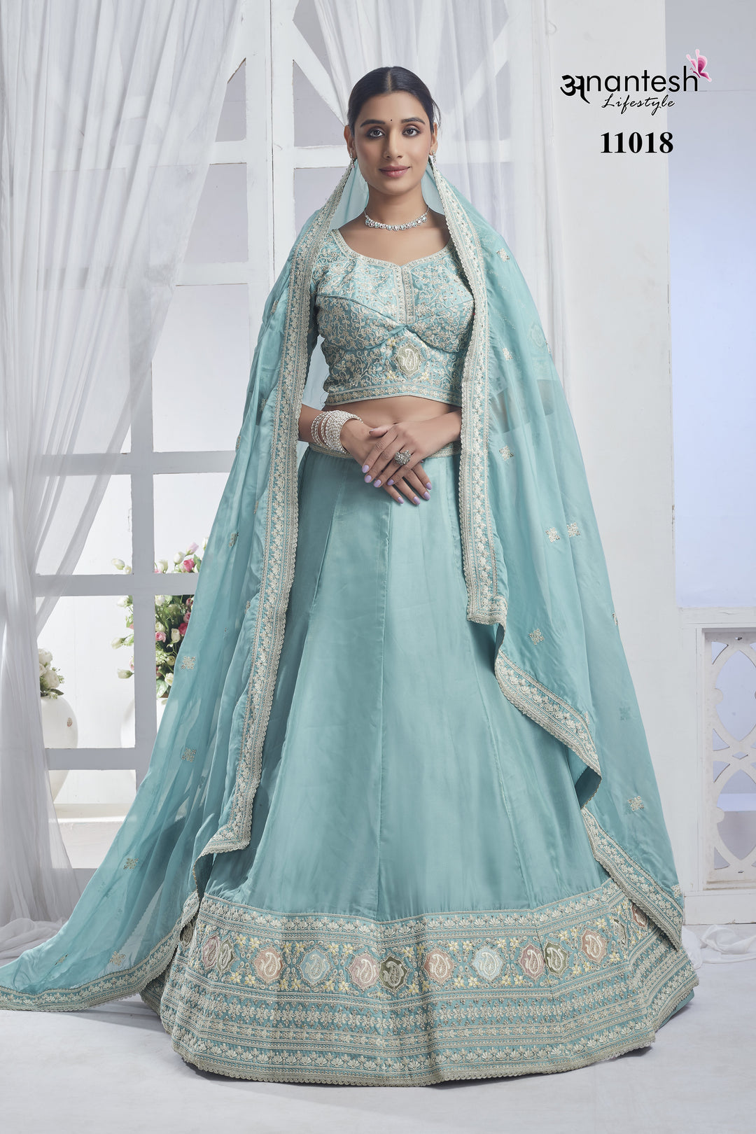 Serene Aqua Bridal Lehenga | Festive Organza Party Wear Outfit